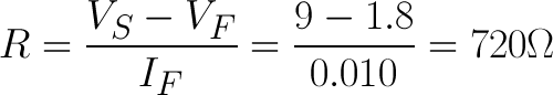 Current limiting example equation R=(9-1.8)/.010